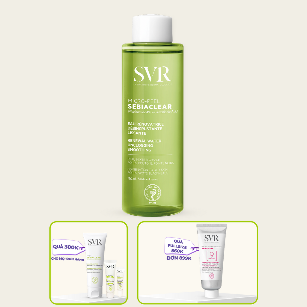 Dung dịch SVR SEBIACLEAR MICRO-PEEL 150ML giúp làm sạch tế bào da chết thông thoáng lỗ chân lông cho da dầu mụn