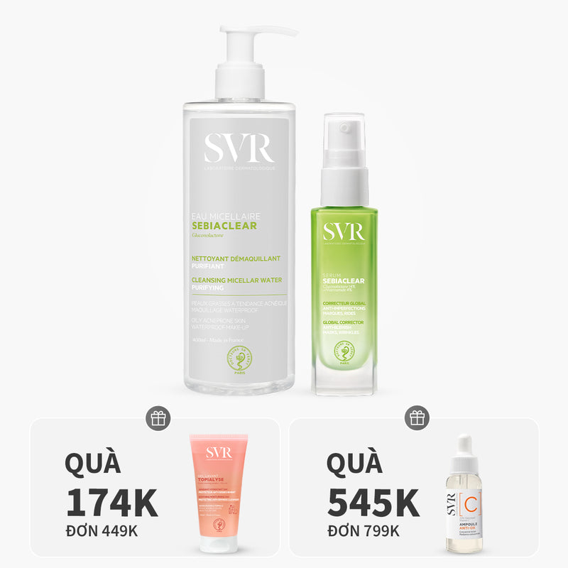 Bộ đôi tinh chất giảm mụn mờ thâm 30ml và nước tẩy trang làm sạch dầu nhờn 400ml