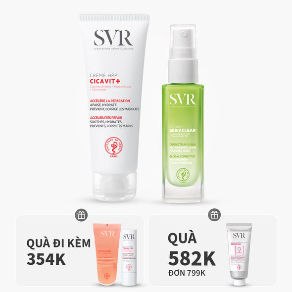 Buy combo 1 SVR CICAVIT+ CREME HPPI 40ML, 1 SVR Sebiaclear Serum 30ml get 1 SVR Topialyse Gel Lavant 55ml, 1 SVR Topialyse Levres 4 g