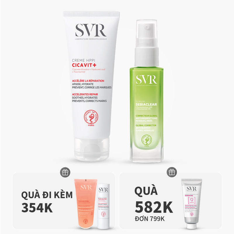 Buy combo 1 SVR CICAVIT+ CREME HPPI 40ML, 1 SVR Sebiaclear Serum 30ml get 1 SVR Topialyse Gel Lavant 55ml, 1 SVR Topialyse Levres 4 g