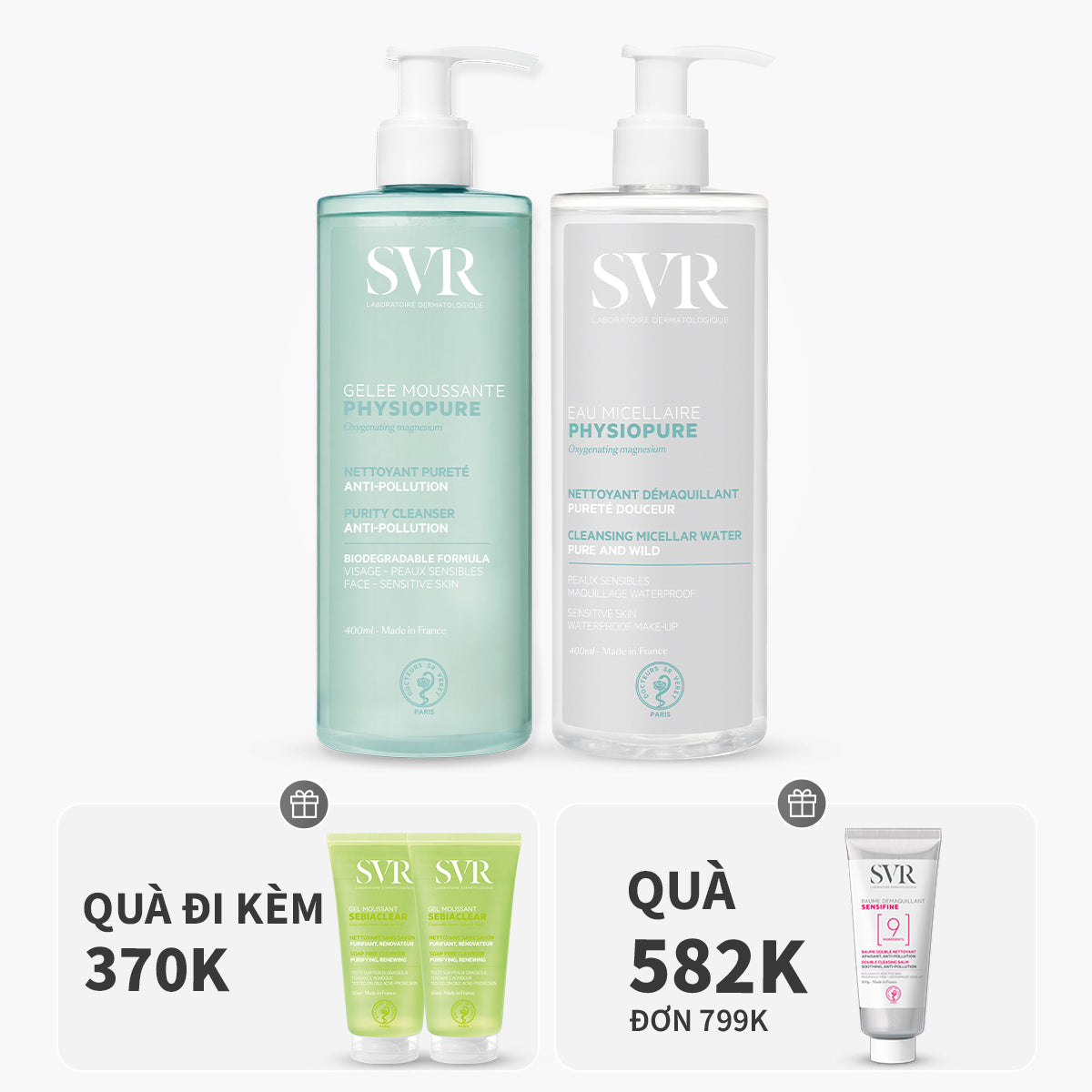 Bộ đôi gel rửa mặt sạch sâu 400ml và nước tẩy trang giúp sạch sâu, dùng được mắt & môi 400ml