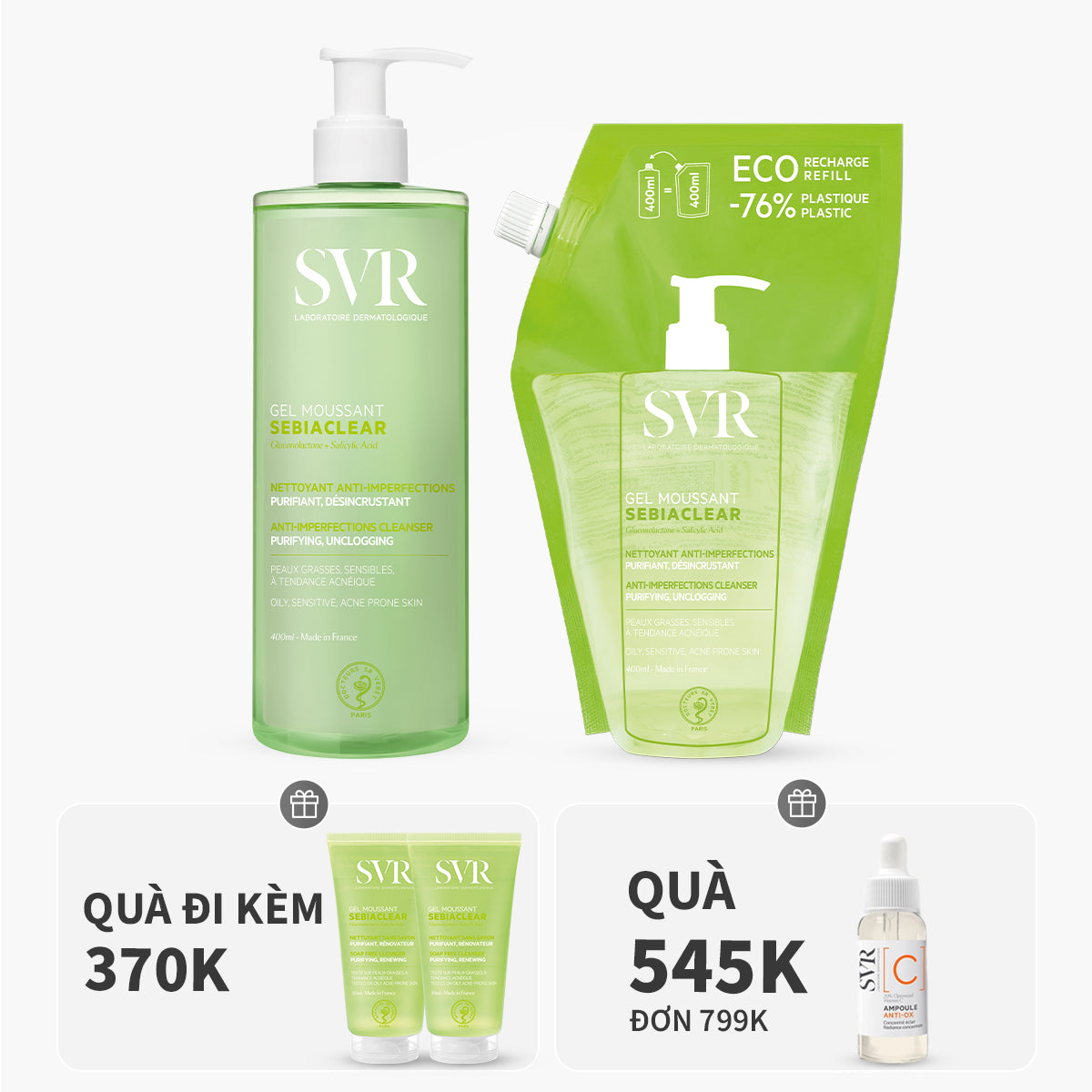 Bộ đôi gel rửa mặt làm sạch dầu nhờn 400ml (1 chai 400ML + 1 túi 400ML)