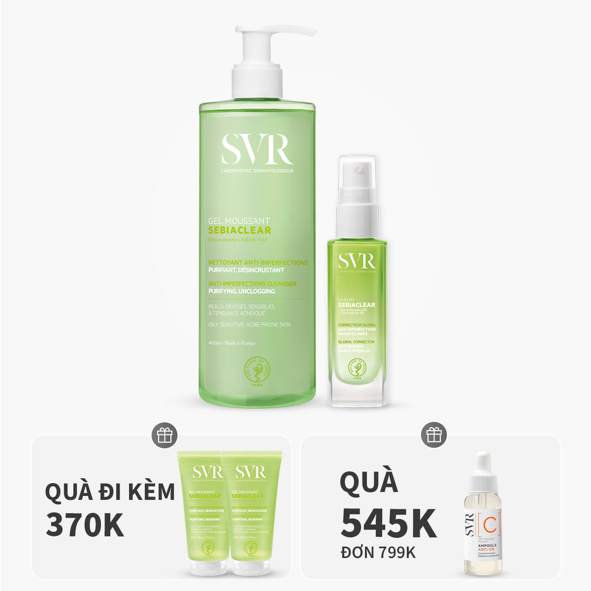 Bộ đôi tinh chất giảm mụn mờ thâm 30ml và gel rửa mặt làm sạch dầu nhờn 400ml