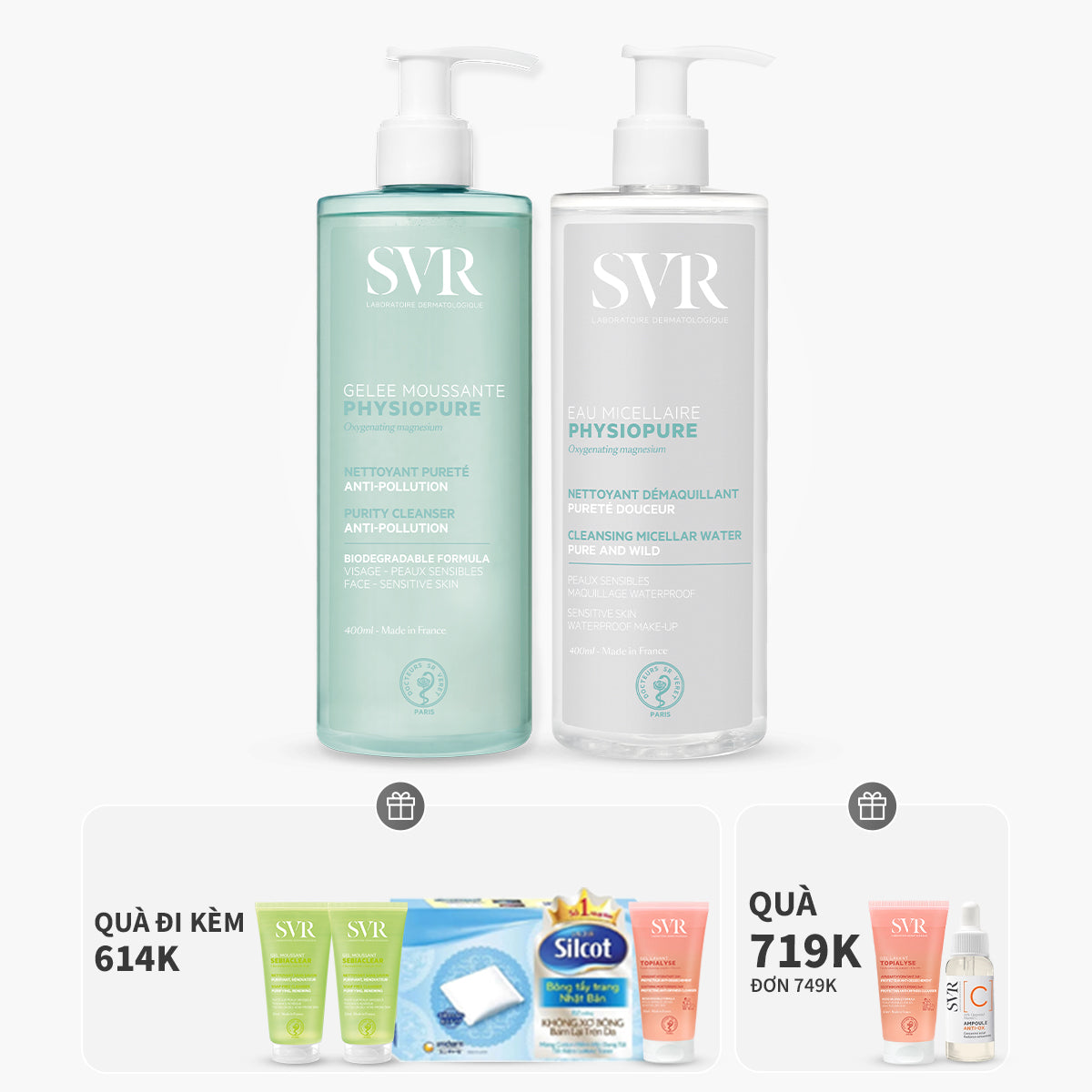 Bộ đôi gel rửa mặt sạch sâu 400ml và nước tẩy trang giúp sạch sâu, dùng được mắt & môi 400ml