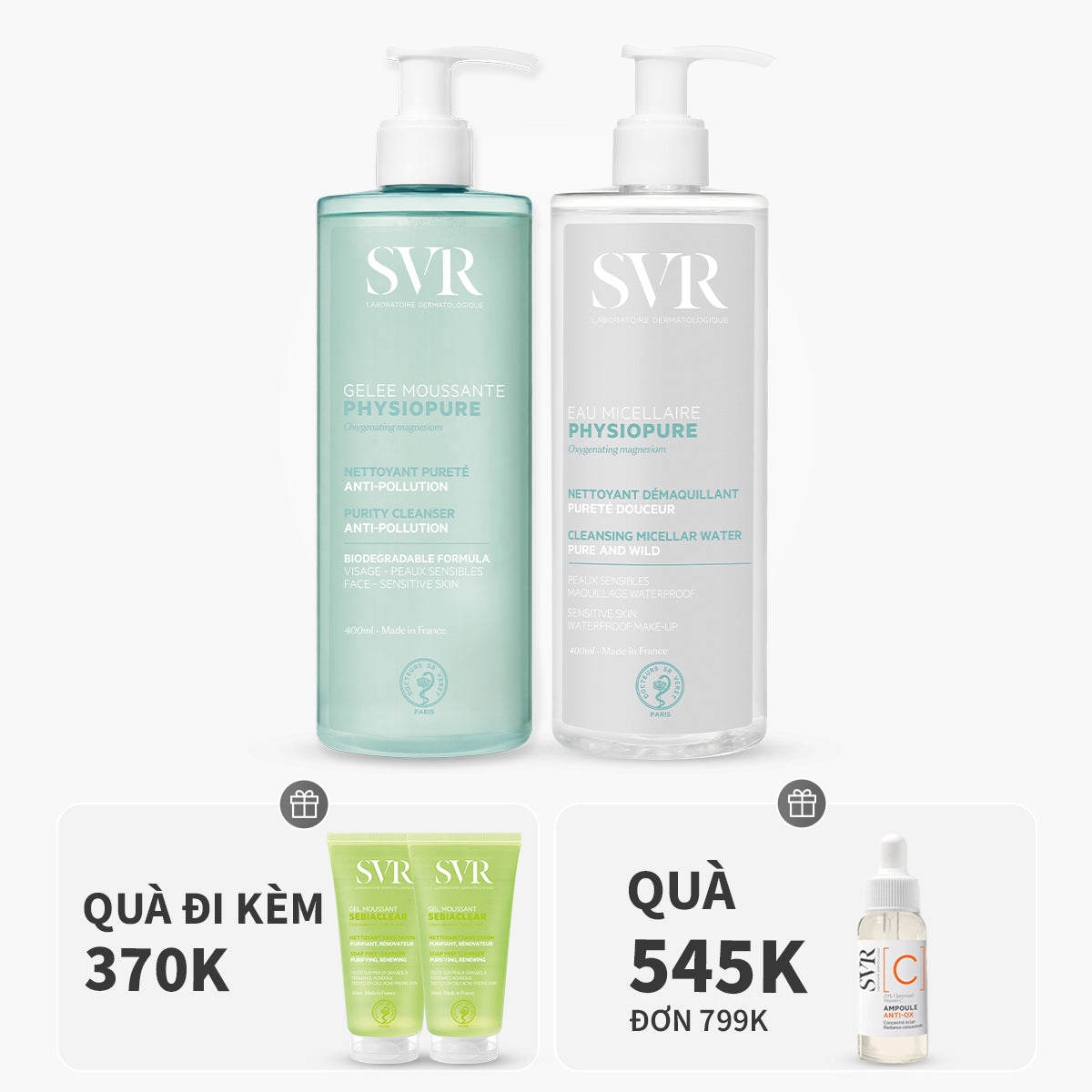 Bộ đôi gel rửa mặt sạch sâu 400ml và nước tẩy trang giúp sạch sâu, dùng được mắt & môi 400ml