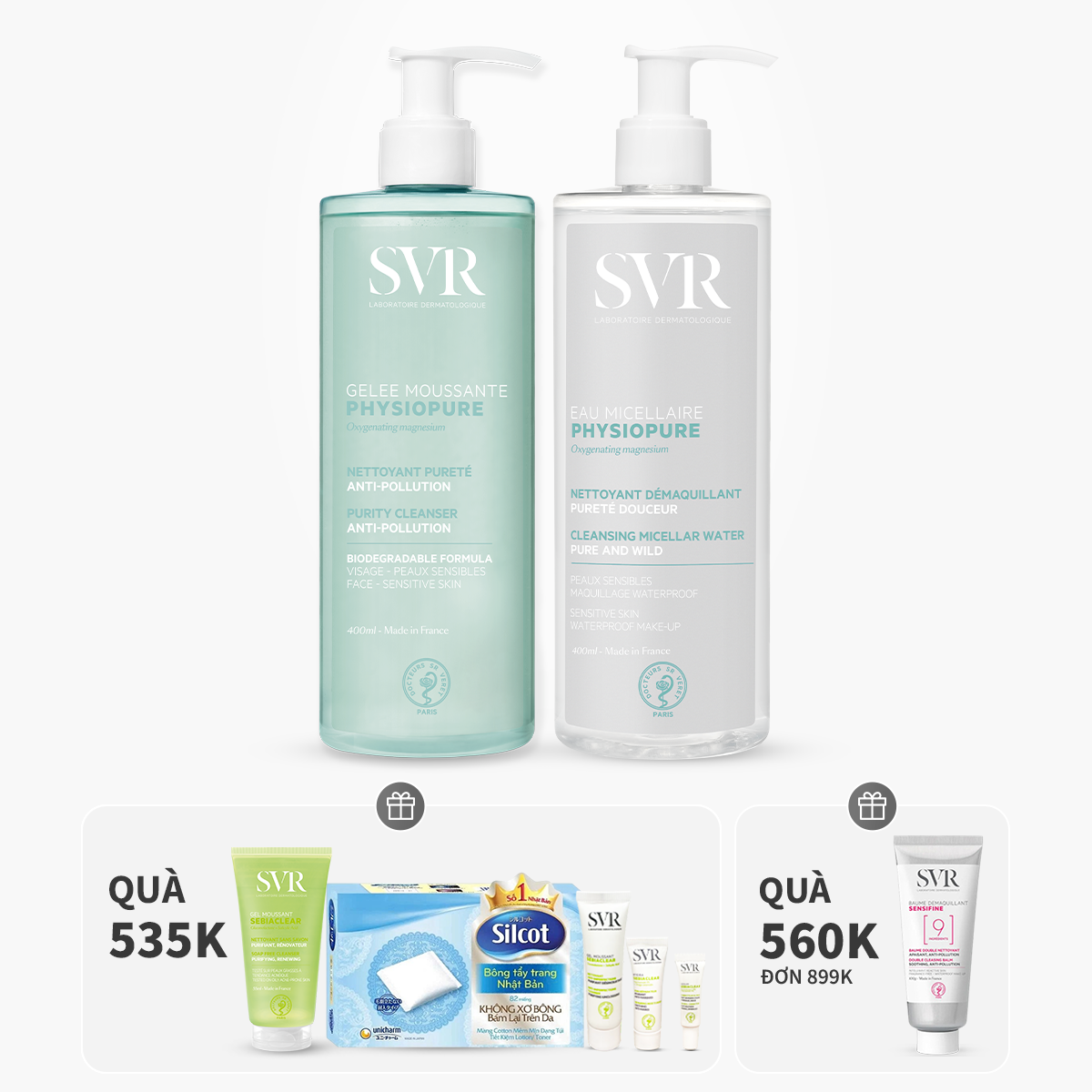 Bộ đôi gel rửa mặt sạch sâu 400ml và nước tẩy trang giúp sạch sâu, dùng được mắt & môi 400ml