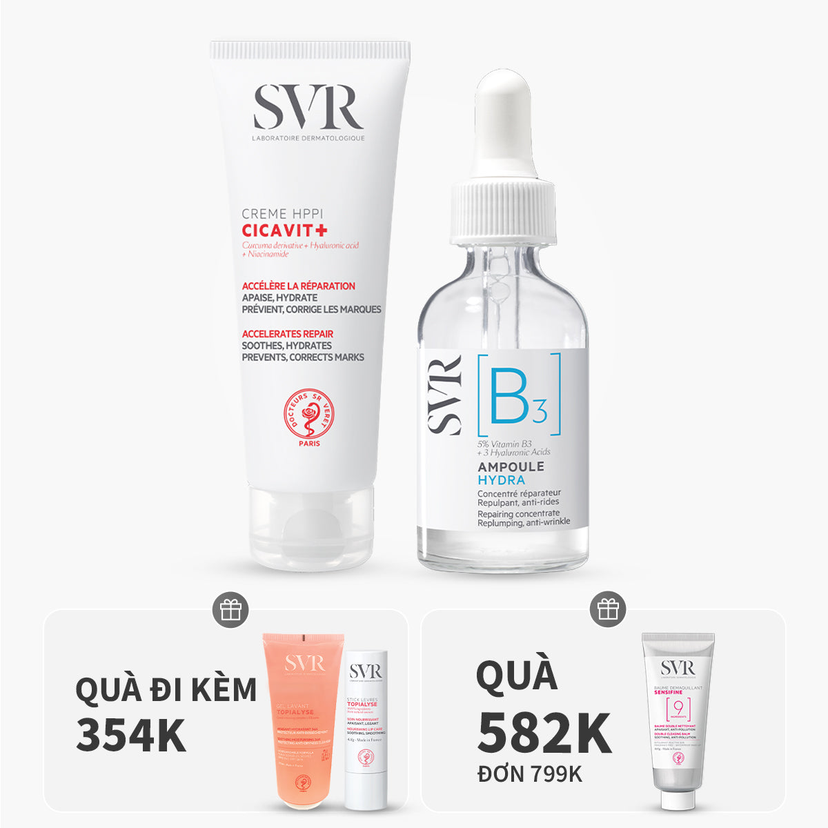 Buy combo 1 SVR CICAVIT+ CREME HPPI 40ML, 1 SVR [B3]Ampoule Hydra 30ml get 1 SVR Topialyse Gel Lavant 55ml, 1 SVR Topialyse Levres 4 g