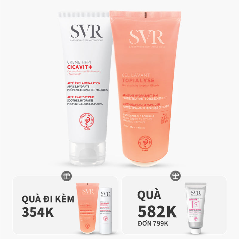 Buy combo 1 SVR CICAVIT+ CREME HPPI 40ML, SVR Topialyse Gel Lavant 400ml get 1 SVR Topialyse Gel Lavant 55ml, 1 SVR Topialyse Levres 4 g